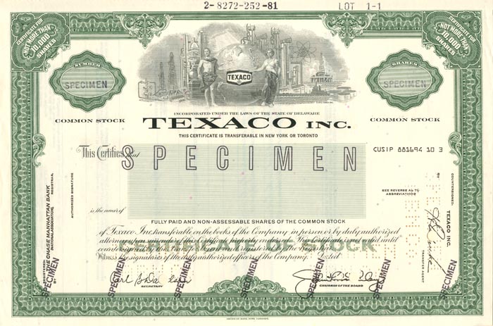 Texaco Inc. - Specimen Stock Certificate